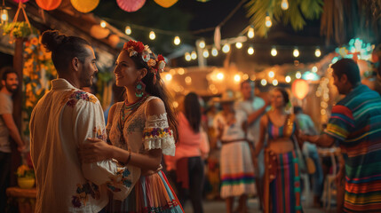 People in traditional attire at a vibrant night market, adorned with colourful lights and decorations. - obrazy, fototapety, plakaty