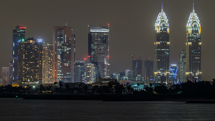 Dubai Internet City district panorama with towers timelapse.