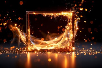 Radiant gold sparkle frame shimmering vividly against a sleek black background  ,The images are of high quality and clarity  - obrazy, fototapety, plakaty