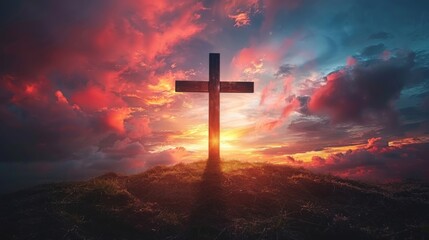 A Holy cross silhouetted against a dramatic sunset, symbolizing the death and resurrection of Jesus Christ  - obrazy, fototapety, plakaty