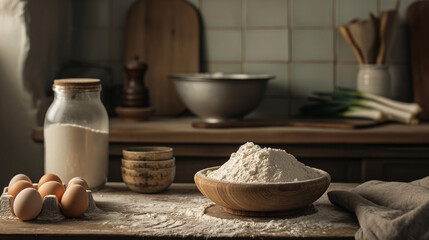 Kitchen table prepare for baking. Flour, eggs and other ingredients for making dough, baking bread, cake, rolls or other baked goods. Tabletop photography, background for bakery, cake shop, homemade c