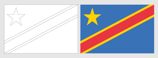 Democratic Republic of the Congo flag - coloring page. Set of white wireframe thin black outline flag and original colored flag.