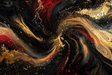 Enchanting Gold and Black Abstract Background with Swirling Red Paint, Digital Art - obrazy, fototapety, plakaty