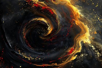 Enchanting Gold and Black Abstract Background with Swirling Red Paint, Digital Art