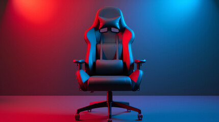 A sleek black gaming chair is the centerpiece of this image.