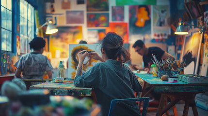 Image of Artists engrossed in painting within a colourful, vibrant art studio, surrounded by various artworks and painting materials.