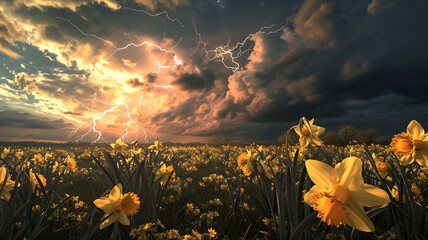 A digital representation of a springtime storm, with lightning illuminating a field of daffodils,...