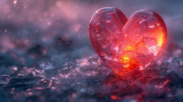 An ethereal image of a translucent, glowing heart illuminated from within, resting on a textured surface with a mystical bokeh effect in the background, evoking deep emotions and fiery passion.