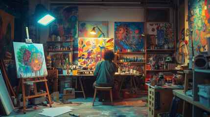 Photo of An artist immersed in painting amidst a colourful, chaotic studio, surrounded by vibrant artworks and a plethora of paint supplies.