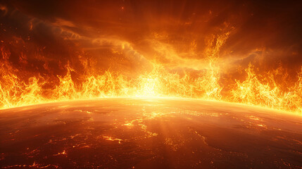 Apocalyptic fiery landscape with intense flames engulfing the horizon of a dark planet.