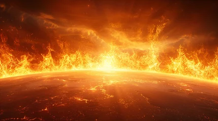 Gordijnen Apocalyptic fiery landscape with intense flames engulfing the horizon of a dark planet. © amixstudio