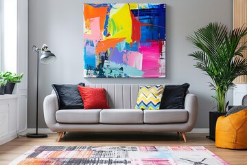 Expressive Abstract Acrylic Painting, Dynamic Brushstrokes and Vivid Colors on Canvas