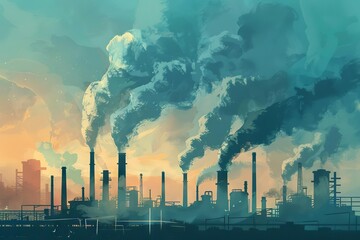 Factory Chimneys Emitting Smoke, Industrial Air Pollution Concept Illustration - obrazy, fototapety, plakaty