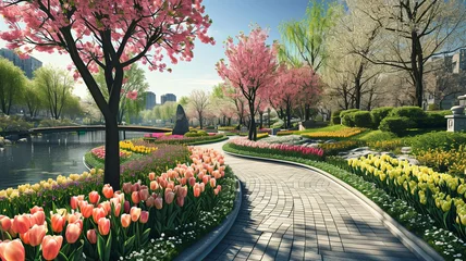 Tuinposter A modern city park adorned with blossoming flowers and tulips, offering a colorful and lively urban escape during the spring season © Muhammad Zeeshan