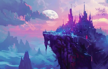 Fantasy ancient castle city on mountain peak, fictional architecture in natural scenery, concept art illustration