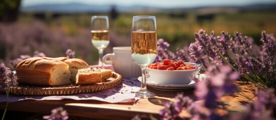 Fototapeta na wymiar Two glasses of white wine and bread on a table in lavender field
