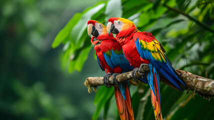 A pair of colorful macaws perched on a branch in the heart of the Amazon rainforest, capturing the diversity of wildlife in a tropical ecosystem
