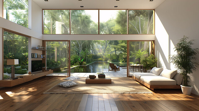 Bright, spacious living room with large windows, modern furniture, and a view of nature.