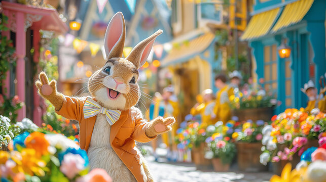 Photo of a happy bunny in a vibrant outdoor setting, surrounded by colourful flowers and buildings, spreading happiness.