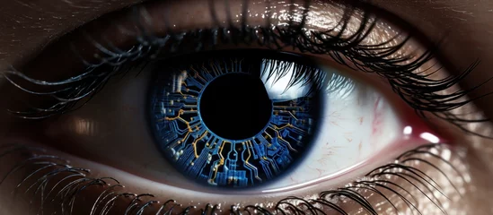 Tuinposter Close-up of human eye with microcircuits. © WaniArt