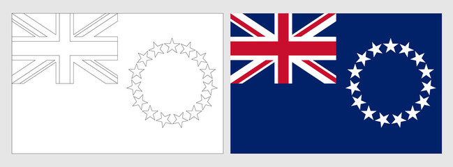 Cook Islands flag - coloring page. Set of white wireframe thin black outline flag and original colored flag.