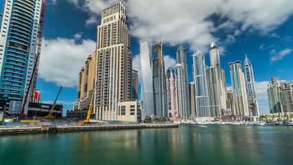 Dubai Marina towers and canal in Dubai timelapse hyperlapse