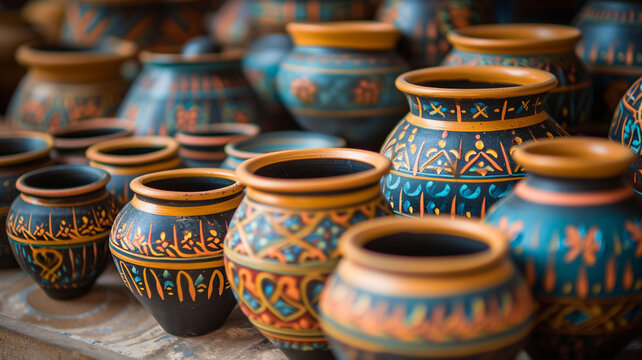 A photograph capturing the intricate patterns of traditional pottery, showcasing the artistry and cultural significance of handmade ceramic heritage