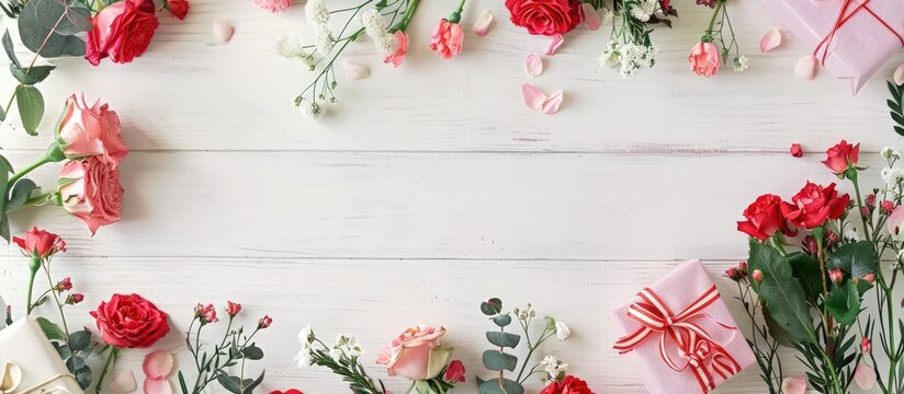 Arrangement of flowers, gifts, and roses on a white wooden table for Women's Day celebration. Flat lay image with a top view and empty space for text.