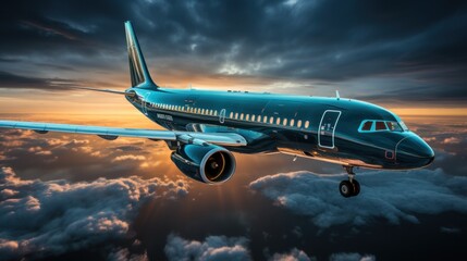 Airplane Flying at Sunset - obrazy, fototapety, plakaty