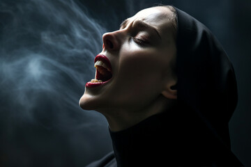 Obraz premium Generative AI picture of monastery sister nun priest cursed possessed with devil crying with blood