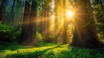Foto op Plexiglas A sun-dappled forest with towering redwood trees, their majestic trunks rising into the sky, creating a serene and enchanting atmosphere in a lush woodland © Muhammad Zeeshan