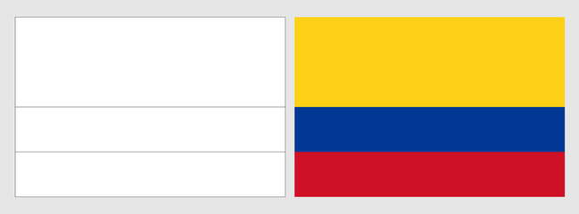 Colombia flag - coloring page. Set of white wireframe thin black outline flag and original colored flag.