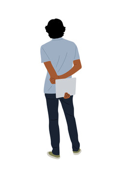Business man standing full length rear view, holding laptop or digital tablet. Handsome guy in smart casual office outfit from behind, turned back. Vector illustration on transparent background.