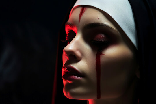 Generative AI picture of possessed monastery sister nun have devil inside her blood pouring from eyes