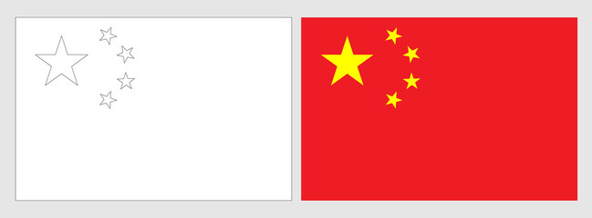 China flag - coloring page. Set of white wireframe thin black outline flag and original colored flag.