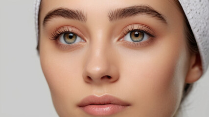 Fototapeta na wymiar Close up of beautiful woman's green eyes with eyelash and brow lift.