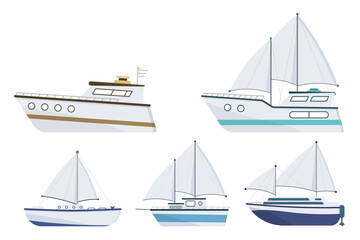 Set of sea ships, shipping boats, sailing boats, ocean ships, yachts, sailing boats, cargo ships, water transport, vector illustration