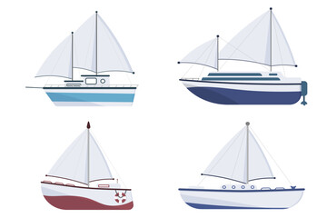 Set of sea ships, shipping boats, sailing boats, ocean ships, yachts, sailing boats, cargo ships, water transport, vector illustration