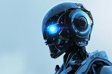 Futuristic android robot with glowing blue eyes and sleek metal body, 3D illustration