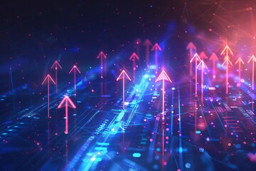 Futuristic arrow chart rising, representing digital transformation and business growth, abstract technology background - obrazy, fototapety, plakaty