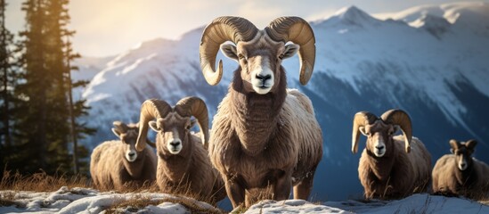 A group of bighorn sheep, a terrestrial animal closely related to goats, are seen sharing the snowy mountain landscape in a stunning artlike event of wildlife