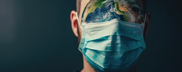 Man with mask looking at Earth globe