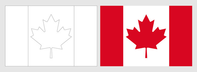 Canada flag - coloring page. Set of white wireframe thin black outline flag and original colored flag.