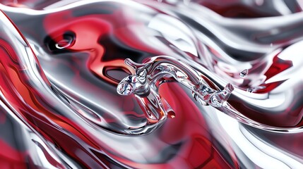 3D rendering of a clear glass or crystal faucet with water drops on a red and white abstract background.