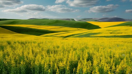 Beautiful summer landscape with yellow flower fields and rolling hills