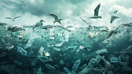 A flock of seabirds struggling to fly amidst plastic pollution in the ocean, illustrating the impact on wildlife. 32K. - obrazy, fototapety, plakaty