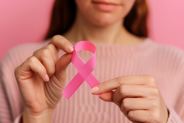 a woman holding a pink ribbon for cancer awareness