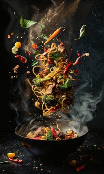 Stir fry meat, vegetables, noodles cooking in wok, flying ingredients. Chinese recipes. Wok preparation ingredients