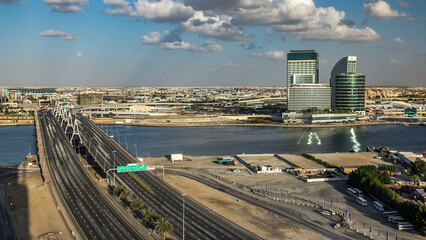 Business bay crossing bridge timelapse, 13-lane-bridge, over the Dubai Creek