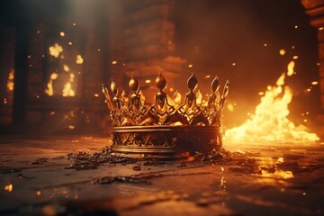 Symbolic crown consumed by flames the decline of a medieval empire with royalty and knighthood - obrazy, fototapety, plakaty